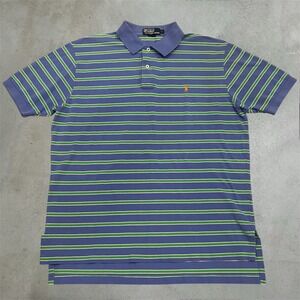 Polo Ralph Lauren Polo Shirt Mens L Blue Green Striped Short Sleeve Pique Cotton